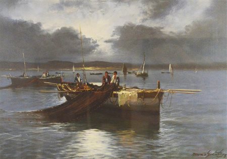 Mario Galanti PESCATORI olio su tela, cm 50x70 firma sul retro: timbro...