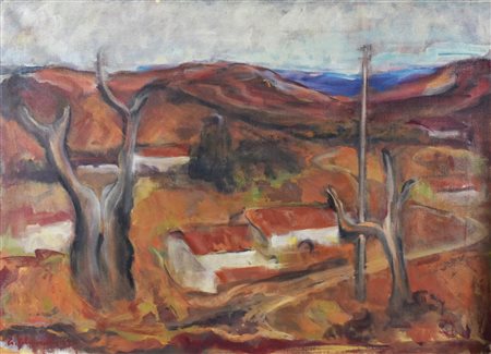 Giorgio Polykrats PAESAGGIO olio su tela, cm 50x70 firma e data sul retro:...