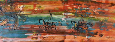 Mipoph DON CHISCIOTTE olio su tavola, cm 65x25 firma e data eseguito nel 1973