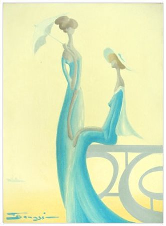 PIERO BENASSI 1915 - 2002 Conversazione 1973 Olio su tela 50 x 35. Firma in...