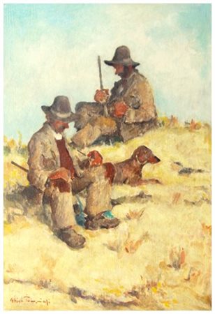 GHIGO TOMMASI 1906 - 1997 Cacciatori - riposo, Santa Fiora 1969 Olio su...