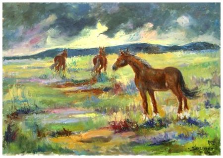 PIERO SEMERARO 1914 - 1998 Maremma, cavalli in pastura 1972 Olio su tela 50 x...