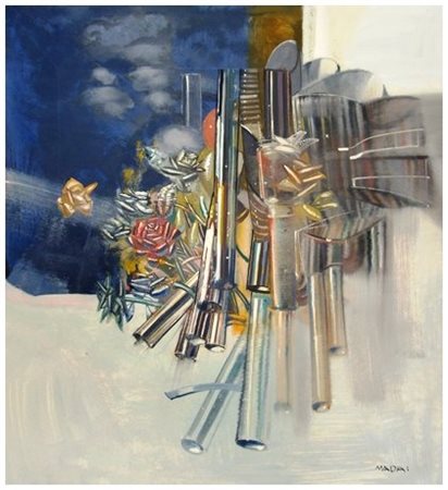 MARIO MADIAI 1944 Macchina per fare fiori Olio su tavola 90 x 80. Firma in b....