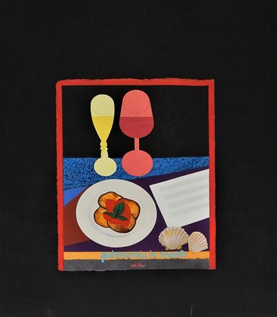 Lucio Del Pezzo GASTRONOMIA IN CONCERTO acrilici e collage su carta mano, cm...