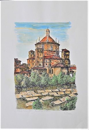 Ignoto MILANO PIAZZA VETRA litografia acquerellata a mano, cm 50x35 firma