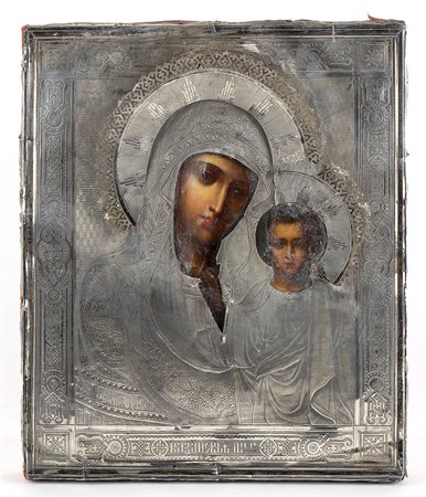 Icona russa con riza in argento raffigurante Madonna con bambino - Mosca 1890