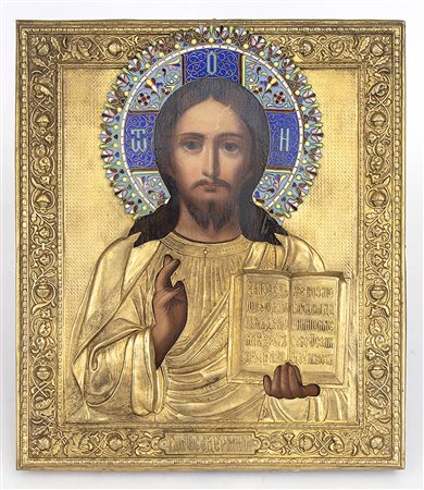 Icona russa con riza in metallo raffigurante  Cristo Pantocratore - XIX secolo