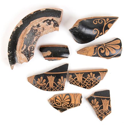 Group of Eight Attic Red-Figure Fragments Possibly Related to The Pioneer Group, Early 5th century BC; length max cm 20 (foot) - min 7,5 (rim)