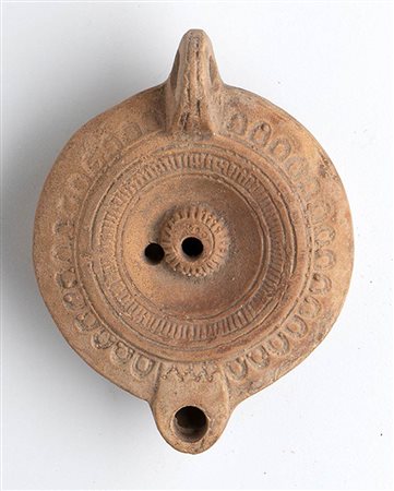 Roman Decorated Oil Lamp, 1st - 2nd century AD; height cm 5, length cm 11