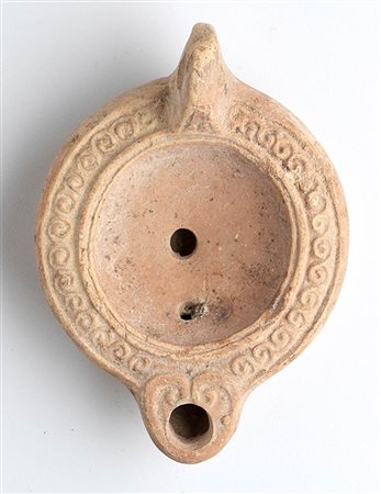 Roman Decorated Oil Lamp, 1st - 2nd century AD; height cm 5,5, length cm 12,5