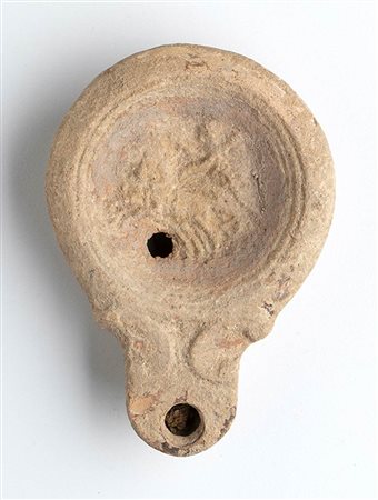 Roman Oil Lamp with Chariot, 1st - 2nd century AD; height cm 2,5, length cm 10,5