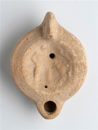 Roman Oil Lamp with Standing Figure, 1st - 2nd century AD; height cm 5, length cm 10,8