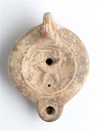 Roman Oil Lamp with Cornuacopiae, 1st - 2nd century AD; height cm 5, length cm 10