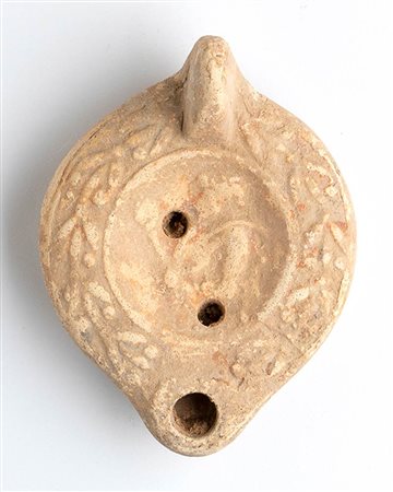 Roman Oil Lamp with the Bust of a Satyr Holding Thyrsus, 1st - 2nd century AD; height cm 4,7, length cm 11