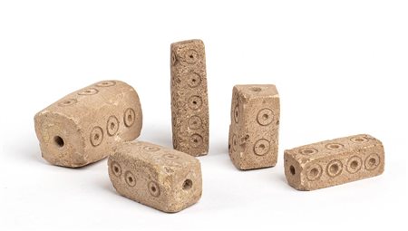 Group of five Terracotta squared elements, Colombia and Ecuador, Tumaco-La Tolita Culture, ca. 4th century BC - 5th century AD; height max 6,9 - min cm 4,5