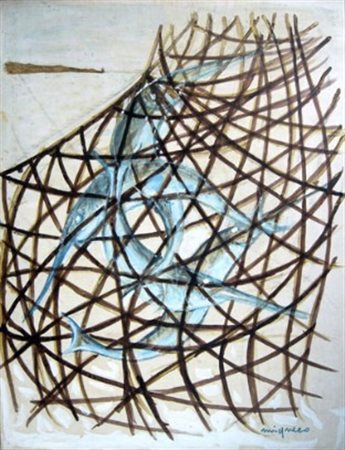 Giuseppe Migneco “Rete con pesci” ‘70