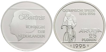 ARUBA - Beatrice (1980-2013) - 25 Fiorini - 1995 - Olimpiadi 1996 - AG Kr. 13 Proof in capsula<br>FD
