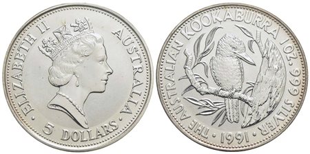 AUSTRALIA - Elisabetta II (1952) - 5 Dollari - 1991 - Kookaburra - AG Kr. 138 In oblò della zecca<br