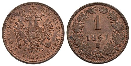 AUSTRIA - Francesco Giuseppe (1848-1916) - Kreuzer - 1861 B - CU Kr. 2186 Rame rosso<br>FDC