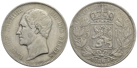 BELGIO - Leopoldo I (1831-1865) - 5 Franchi - 1865 - AG Kr. 17<br>BB+