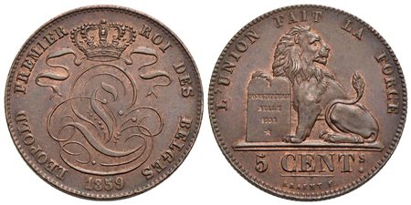 BELGIO - Leopoldo I (1831-1865) - 5 Centesimi - 1859 - CU Kr. 5.1 Rame rosso - Eccezionale<br>FDC