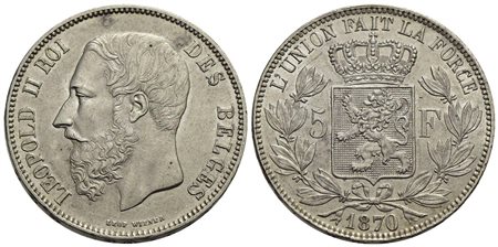 BELGIO - Leopoldo II (1865-1909) - 5 Franchi - 1870 - AG Kr. 24<br>qFDC