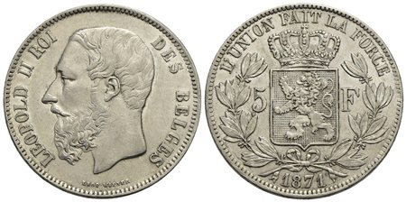 BELGIO - Leopoldo II (1865-1909) - 5 Franchi - 1871 - AG Kr. 24<br>SPL+