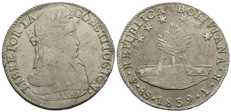 BOLIVIA - Repubblica (1825) - 8 Soles - 1839 LR - AG Kr. 97<br>BB-SPL