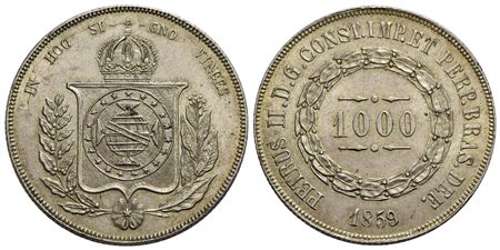 BRASILE - Pedro II (1831-1889) - 1.000 Reis - 1859 - AG Kr. 465<br>FDC
