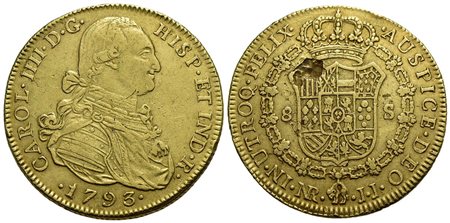 COLOMBIA - Carlo IV (1788-1808) - 8 Escudos - 1793 NR JJ - AU Kr. 62.1 Difetto di conio al R/<br>BB-