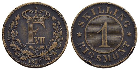 DANIMARCA - Federico VII (1848-1863) - Skilling - 1856 - CU Kr. 763<br>bel BB