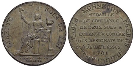 FRANCIA - Luigi XVI (1774-1792) - 2 Sols - 1791 - CU Kr. Tn23 Moneta di confiance, fratelli Monneron