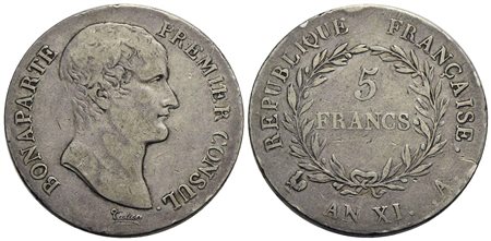 FRANCIA - Napoleone I, Console (1799-1804) - 5 Franchi - AN XI A - AG RR Kr. 650.1<br>qBB/BB