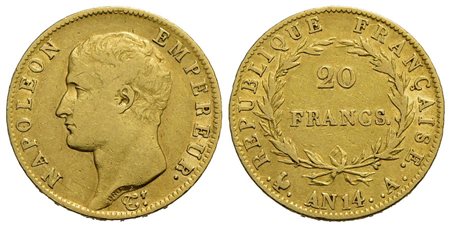 FRANCIA - Napoleone I, Imperatore (1804-1814) - 20 Franchi - AN 14 A - AU NC Kr. 663.1<br>BB/BB+
