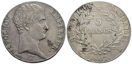 FRANCIA - Napoleone I, Imperatore (1804-1814) - 5 Franchi - 1807 L - AG Kr. 673.8 Ossidazioni<br>qSP