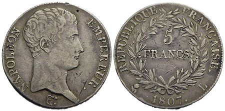 FRANCIA - Napoleone I, Imperatore (1804-1814) - 5 Franchi - 1807 L - AG Kr. 673.8<br>BB-SPL