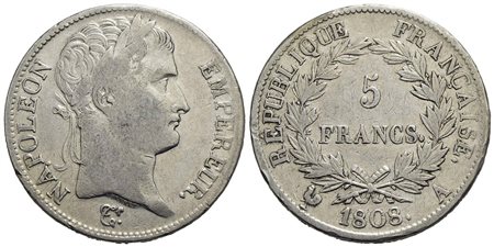 FRANCIA - Napoleone I, Imperatore (1804-1814) - 5 Franchi - 1808 A - AG Kr. 686.1<br>BB-SPL