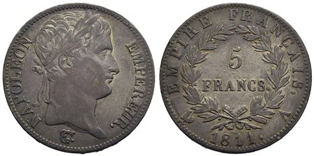 FRANCIA - Napoleone I, Imperatore (1804-1814) - 5 Franchi - 1811 A - AG Kr. 694.1 Patinata<br>BB-SPL