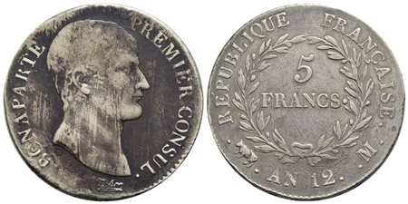 FRANCIA - Napoleone I, Imperatore (1804-1814) - 5 Franchi - AN 12 M - AG Kr. 660.8<br>MB/BB