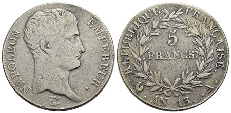 FRANCIA - Napoleone I, Imperatore (1804-1814) - 5 Franchi - AN 13 A - AG Kr. 662.1<br>qBB/BB