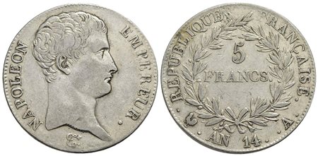 FRANCIA - Napoleone I, Imperatore (1804-1814) - 5 Franchi - AN 14 A - AG Kr. 662.1<br>qSPL