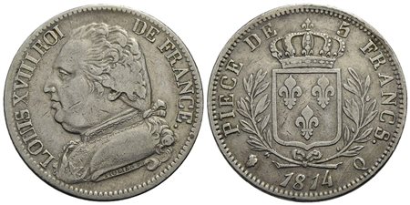FRANCIA - Luigi XVIII (1814-1824) - 5 Franchi - 1814 Q - AG R Kr. 702.1<br>BB+