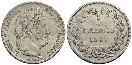 FRANCIA - Luigi Filippo I (1830-1848) - 5 Franchi - 1837 W - AG Kr. 749.13 Segnetti<br>BB+/qSPL