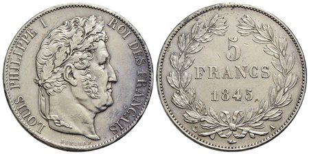 FRANCIA - Luigi Filippo I (1830-1848) - 5 Franchi - 1845 A - AG Kr. 749.1 Segnetto<br>SPL-FDC