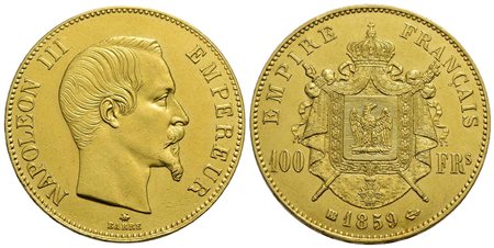 FRANCIA - Napoleone III (1852-1870) - 100 Franchi - 1859 BB - Testa nuda - AU Kr. 786.2 Colpetti<br>