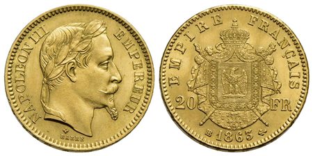 FRANCIA - Napoleone III (1852-1870) - 20 Franchi - 1863 BB - Testa laureata - AU Kr. 801.2<br>FDC