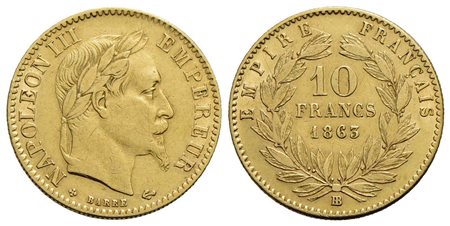 FRANCIA - Napoleone III (1852-1870) - 10 Franchi - 1863 BB - Testa laureata - AU Kr. 800.2<br>BB+