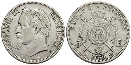 FRANCIA - Napoleone III (1852-1870) - 5 Franchi - 1870 BB - Testa laureata - AG Kr. 799.2<br>BB