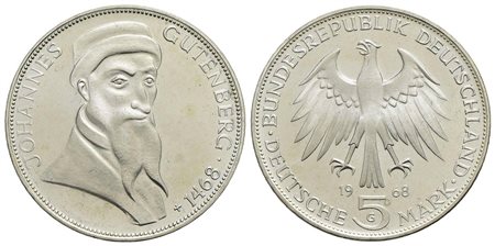GERMANIA - Repubblica Federale (1949) - 5 Marchi - 1968 - 500° anniversario della morte di Gutemberg