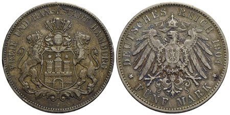 GERMANIA - AMBURGO - Città Libera - 5 Marchi - 1904 J - AG Kr. 610<br>BB+